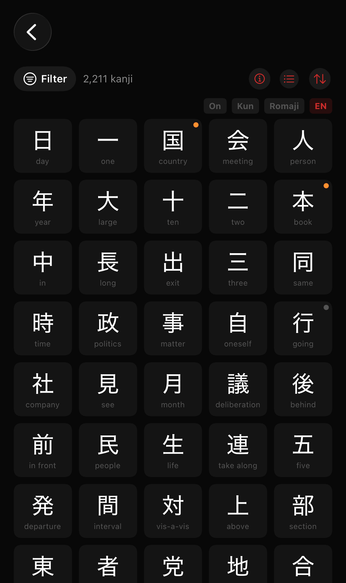 Kanji grid view organized by grade level