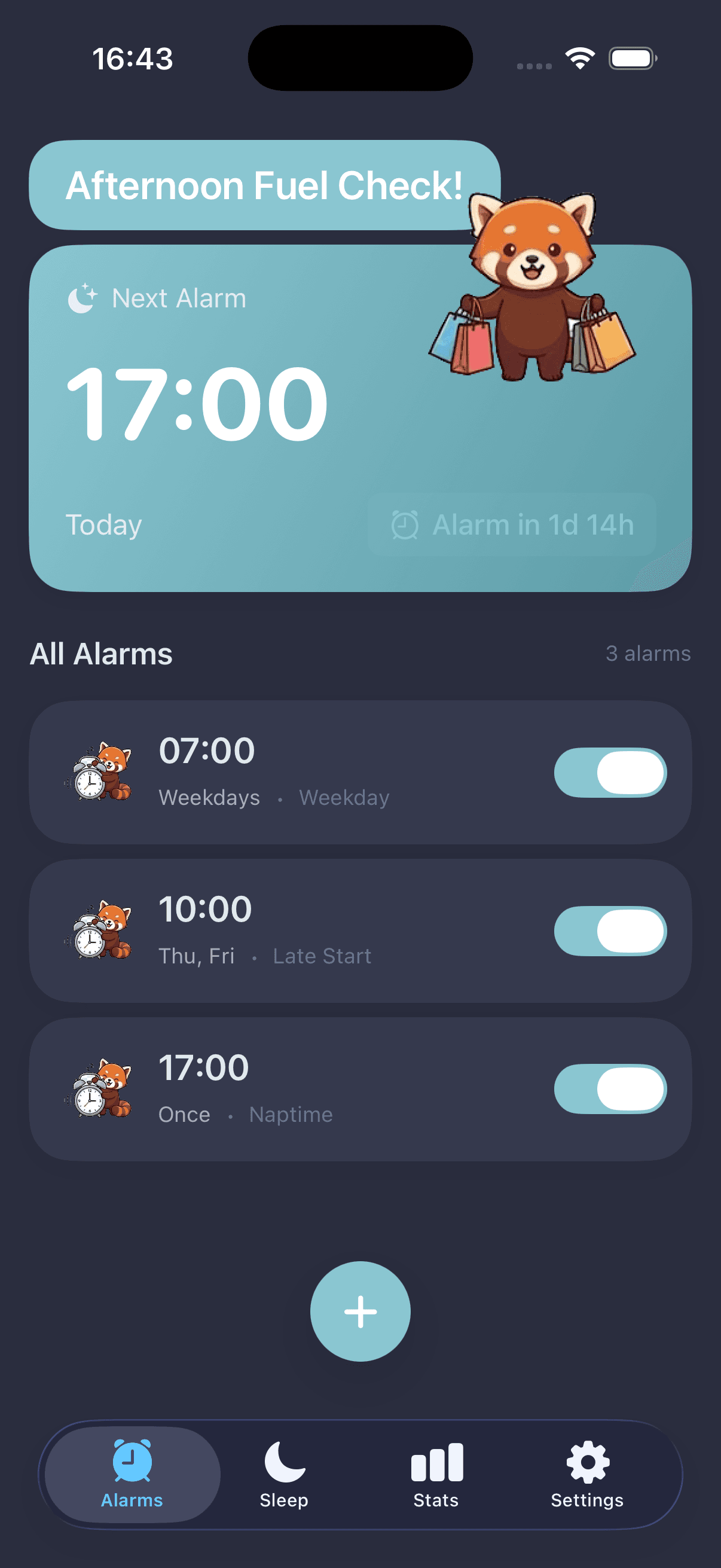PandAlarm main screen showing alarm list with toggle switches and wake-up game settings