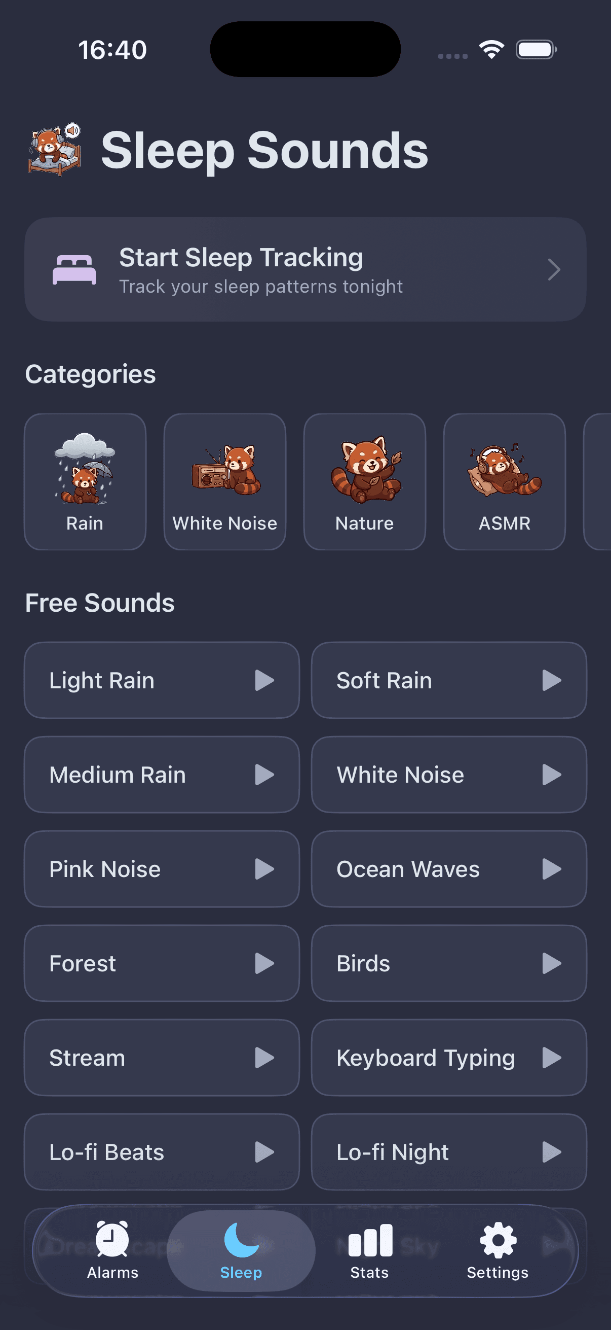 Sleep sounds library with rain, white noise, lo-fi beats, and nature sound options