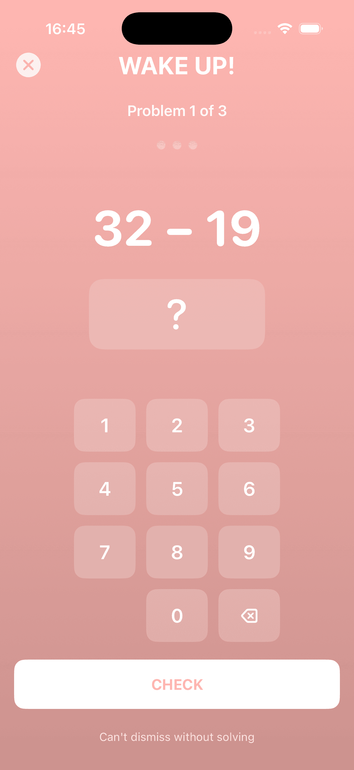 Math wake-up game showing arithmetic problem to solve before alarm stops