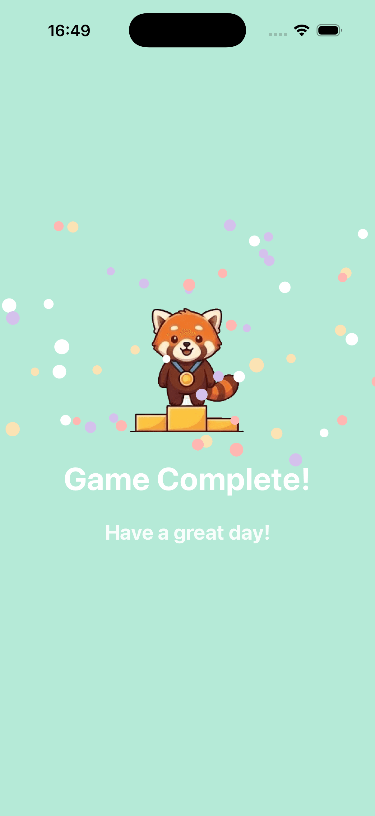 Victory screen showing completed wake-up game with celebration animation