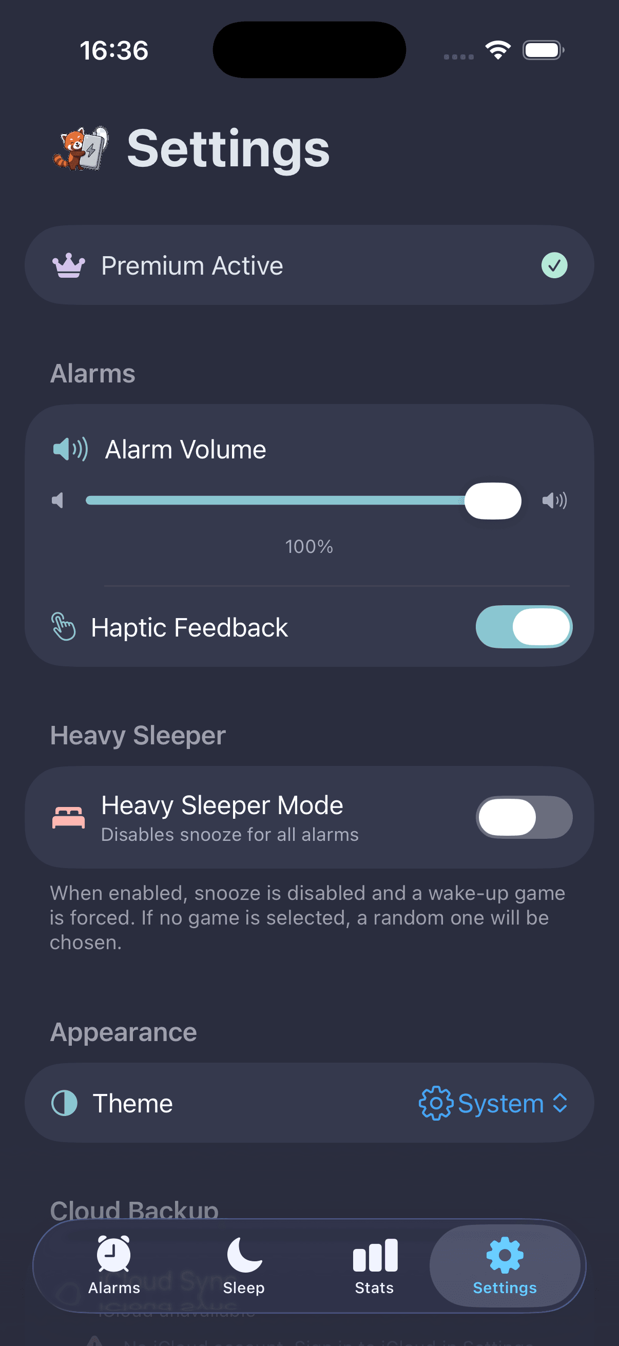 App settings screen with alarm preferences, sound options, and premium subscription toggle