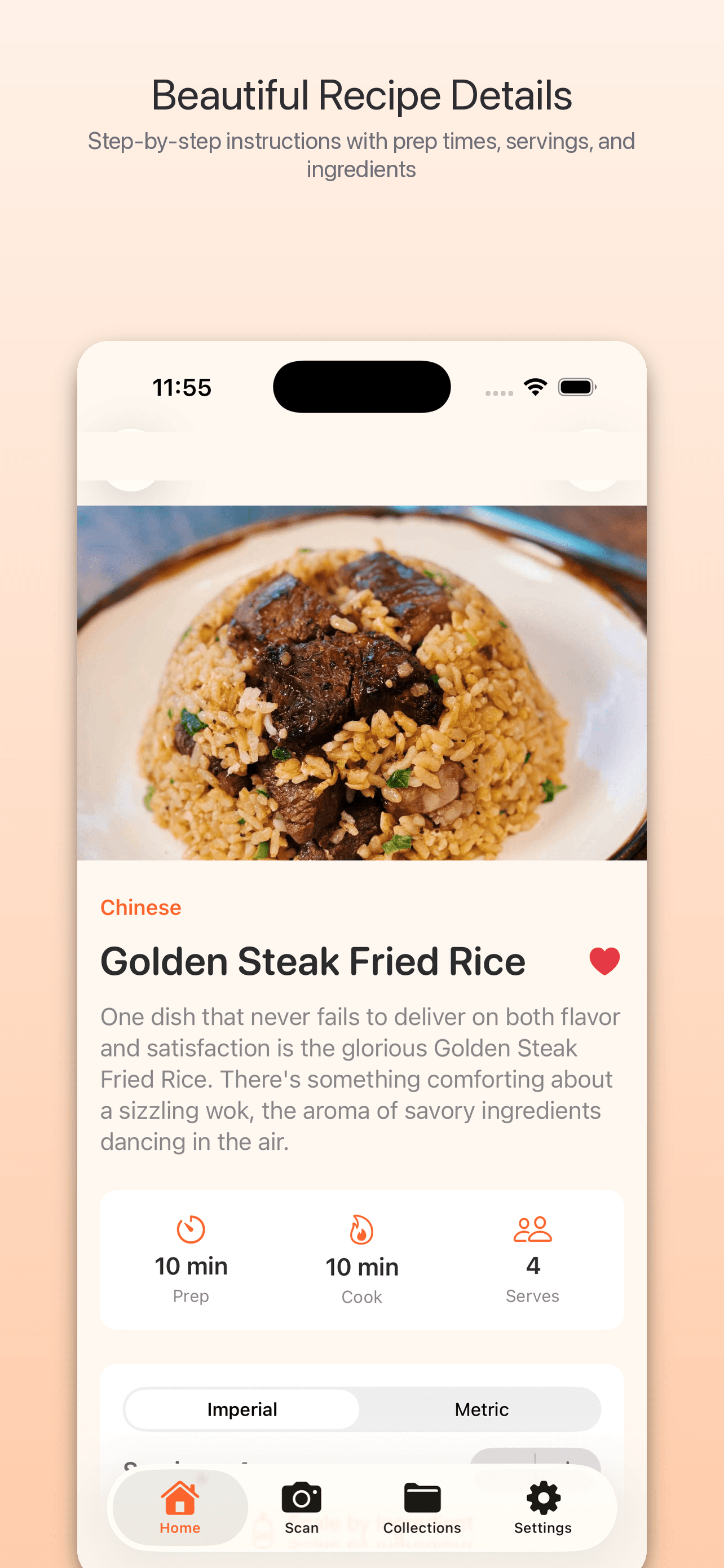 Recipe detail view with ingredients, steps, and cooking info